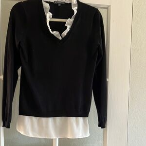 Adrianna Papell Black V-Neck Sweater with White Ruffle Trim